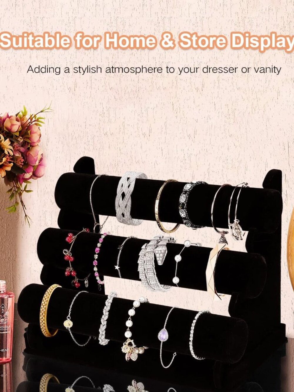 Velvet Bracelet Holder with 3 Tier Rack, Black Detachable Jewelry Display Stand - Picture 5 of 7